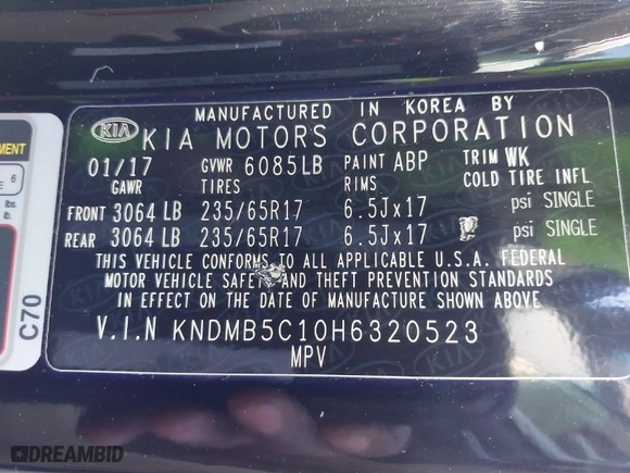 2017 Kia Sedona LX with VIN KNDMB5C10H6320523, listed as a IAAI auction lot 41624683 with NaN miles. Bid and sale history available at carsss.com. Image 9.