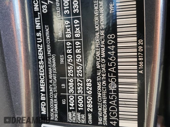 2015 Mercedes-Benz M ML 350 with VIN 4JGDA5HB5FA564498, listed as a Copart auction lot 46475015 with 98,031 mi miles and Salvage Title. Bid and sale history available at carsss.com. Image 13.