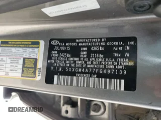 2015 Kia Optima LX with VIN 5XXGM4A77FG497139, listed as a Copart auction lot 49471235 with 163,492 mi miles and Salvage Title. Bid and sale history available at DreamBid. Image 12.