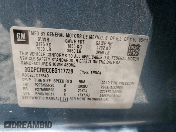 2014 Chevrolet Silverado 1500 LT with VIN 3GCPCREC0EG117738, listed as a Copart auction lot 53074775 with 120,696 mi miles and Salvage Title. Bid and sale history available at DreamBid. Image 14.