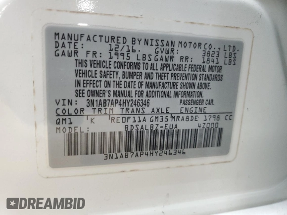 2017 Nissan Sentra S with VIN 3N1AB7AP4HY246346, listed as a Copart auction lot 51234775 with Not Provided miles and Salvage Title. Bid and sale history available at carsss.com. Image 13.