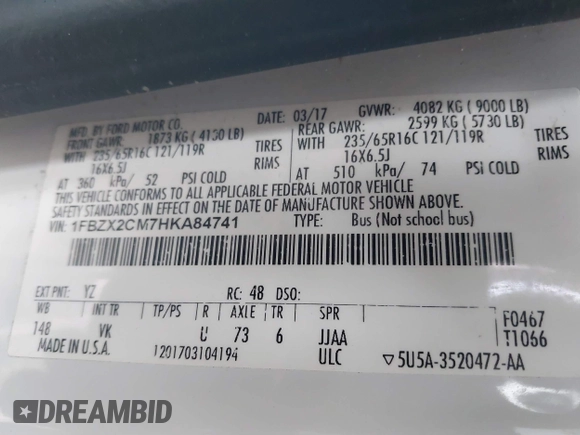 2017 Ford Transit XL с VIN 1FBZX2CM7HKA84741, выставлен на аукционе IAAI как лот 41782679 с пробегом 233 350 миль миль и . История ставок и продаж доступна на DreamBid. Изображение 9.