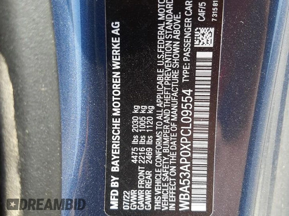 2023 BMW 4 Series 430i with VIN WBA53AP0XPCL09554, listed as a Copart auction lot 51770213 with 7,447 mi miles and . Bid and sale history available at DreamBid. Image 14.