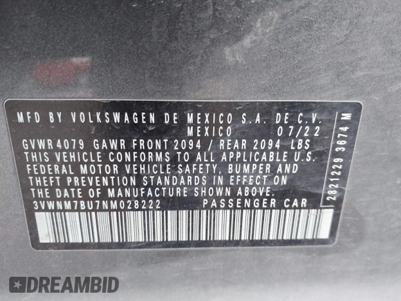 2022 Volkswagen Jetta with VIN 3VWNM7BU7NM028222, listed as a IAAI auction lot 41348223 with 50,623 mi miles and . Bid and sale history available at DreamBid. Image 9.