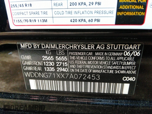2007 Mercedes-Benz S 550 with VIN WDDNG71XX7A072453, listed as a IAAI auction lot 42201163 with 155,116 mi miles and . Bid and sale history available at carsss.com. Image 9.