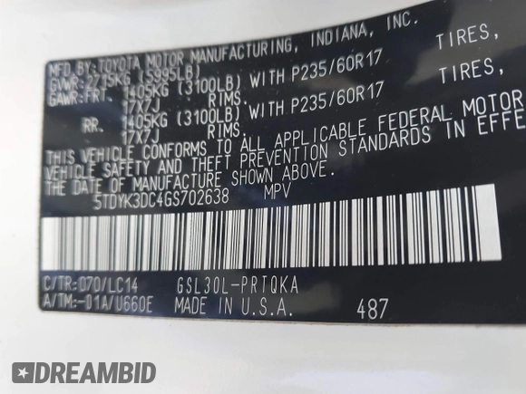 2016 Toyota Sienna XLE with VIN 5TDYK3DC4GS702638, listed as a IAAI auction lot 42255793 with 124,977 mi miles and . Bid and sale history available at DreamBid. Image 9.