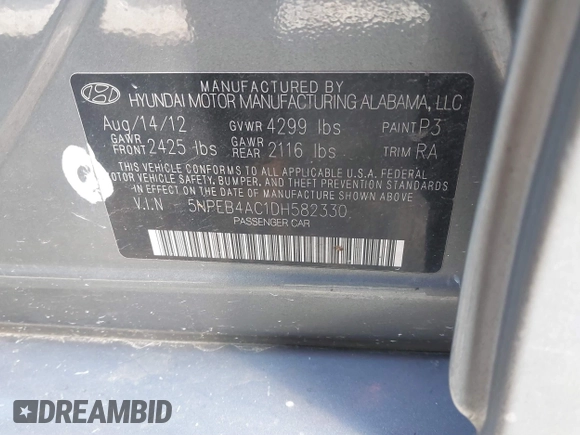 2013 Hyundai Sonata GLS z VIN 5NPEB4AC1DH582330, wystawiony jako IAAI lot #41400453 z przebiegiem Nie podano mil oraz . Historia ofert i sprzedaży dostępna na DreamBid. Obrazek 9.