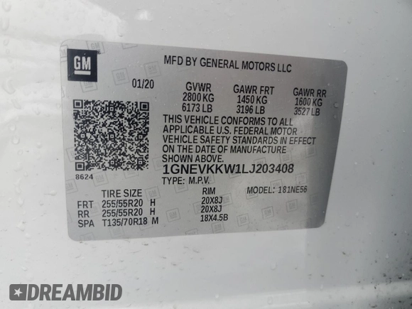 2020 Chevrolet Traverse Premier with VIN 1GNEVKKW1LJ203408, listed as a Copart auction lot 45027815 with 68,543 mi miles and Salvage Title. Bid and sale history available at carsss.com. Image 15.