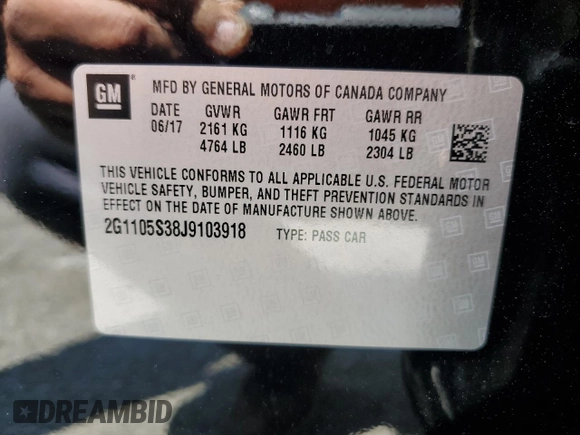 2018 Chevrolet Impala LT with VIN 2G1105S38J9103918, listed as a Copart auction lot 54575825 with 46,989 mi miles and Salvage Title. Bid and sale history available at DreamBid. Image 12.
