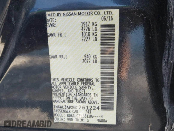 2016 Nissan Altima S with VIN 1N4AL3APXGC261224, listed as a IAAI auction lot 42011052 with 46,218 mi miles and . Bid and sale history available at DreamBid. Image 9.