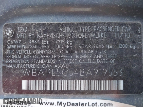 2011 BMW 3 Series 335i xDrive with VIN WBAPL5C54BA919553, listed as a IAAI auction lot 41763553 with 118,512 mi miles and . Bid and sale history available at DreamBid. Image 9.