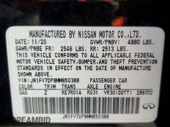 2021 Infiniti Q50 Red Sport 400 with VIN JN1FV7DP8MM850388, listed as a Copart auction lot 86922294 with 50,220 mi miles and Salvage Title. Bid and sale history available at DreamBid. Image 12.