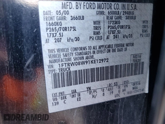 2001 Ford F-150 XLT with VIN 1FTRW08W91KE12972, listed as a Copart auction lot 48201155 with Not provided miles and Salvage title. Bid and sale history available at DreamBid. Image 13.