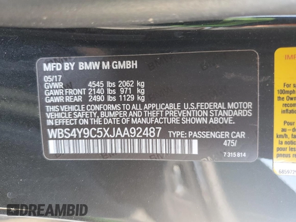 2018 BMW M4 with VIN WBS4Y9C5XJAA92487, listed as a Copart auction lot 68192164 with Not Provided miles and Salvage Title. Bid and sale history available at carsss.com. Image 14.