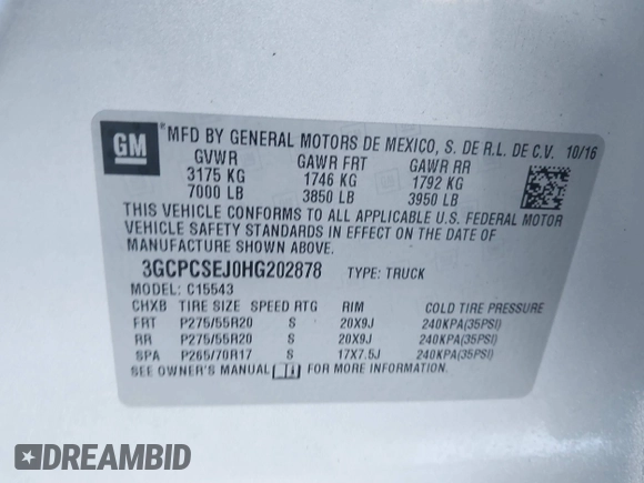 2017 Chevrolet Silverado 1500 LTZ with VIN 3GCPCSEJ0HG202878, listed as a IAAI auction lot 41772959 with 78,861 mi miles and . Bid and sale history available at DreamBid. Image 9.
