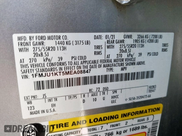 2021 Ford Expedition Limited with VIN 1FMJU1KT5MEA08847, listed as a Copart auction lot 57786205 with 104,685 mi miles and Salvage title. Bid and sale history available at DreamBid. Image 13.