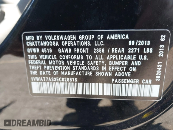2014 Volkswagen Passat S with VIN 1VWAT7A33EC028875, listed as a IAAI auction lot 42762915 with 137,747 mi miles and . Bid and sale history available at DreamBid. Image 9.