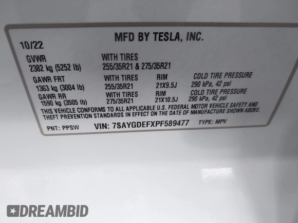 2023 Tesla Model Y Performance with VIN 7SAYGDEFXPF589477, listed as a IAAI auction lot 41936981 with 28,993 mi miles and . Bid and sale history available at DreamBid. Image 9.
