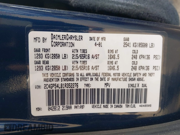 2001 Chrysler Town & Country LXi with VIN 2C4GP54L81R352276, listed as a IAAI auction lot 42059587 with 93,283 mi miles and . Bid and sale history available at DreamBid. Image 9.