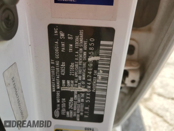 2014 Kia Optima LX with VIN 5XXGM4A74EG315850, listed as a Copart auction lot 41994735 with 196,673 mi miles and Clean Title. Bid and sale history available at carsss.com. Image 13.