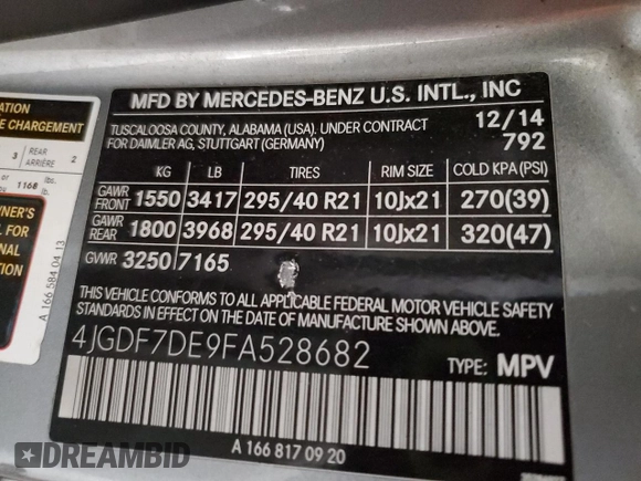 2015 Mercedes-Benz GL-Class GL 550 with VIN 4JGDF7DE9FA528682, listed as a Copart auction lot 50275955 with 0 mi miles and Non Repairable. Bid and sale history available at carsss.com. Image 13.