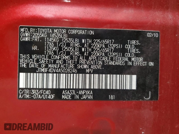 2010 Toyota RAV4 with VIN JTMBF4DV4A5028246, listed as a Copart auction lot 44964765 with 180,179 mi miles and Salvage Title. Bid and sale history available at carsss.com. Image 13.
