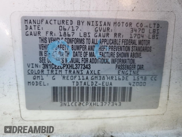 2017 Nissan Note S Plus with VIN 3N1CE2CPXHL377343, listed as a Copart auction lot 64043525 with 131,660 mi miles and Salvage title. Bid and sale history available at DreamBid. Image 13.