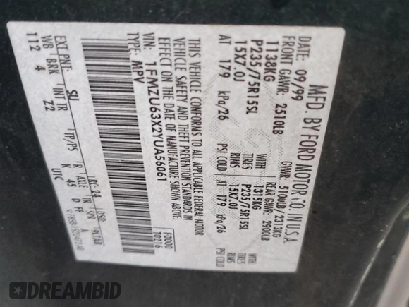 2000 Ford Explorer with VIN 1FMZU63X2YUA56061, listed as a Copart auction lot 45004465 with 117,860 mi miles and Salvage title. Bid and sale history available at DreamBid. Image 13.