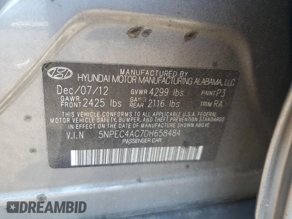 2013 Hyundai Sonata Limited with VIN 5NPEC4AC7DH658484, listed as a Copart auction lot 49443485 with 214,114 mi miles and Salvage Title. Bid and sale history available at DreamBid. Image 15.