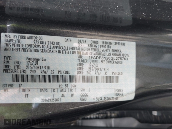 2016 Ford Focus Titanium with VIN 1FADP3N20GL275763, listed as a IAAI auction lot 42511959 with 124,891 mi miles and . Bid and sale history available at DreamBid. Image 9.