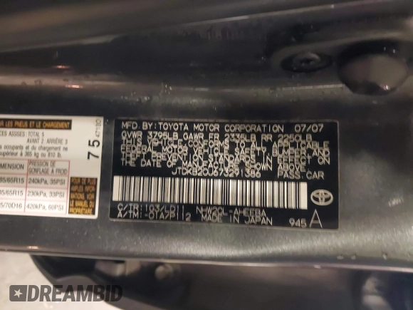 2007 Toyota Prius with VIN JTDKB20U673291386, listed as a IAAI auction lot 41060996 with 103,500 mi miles. Bid and sale history available at carsss.com. Image 9.