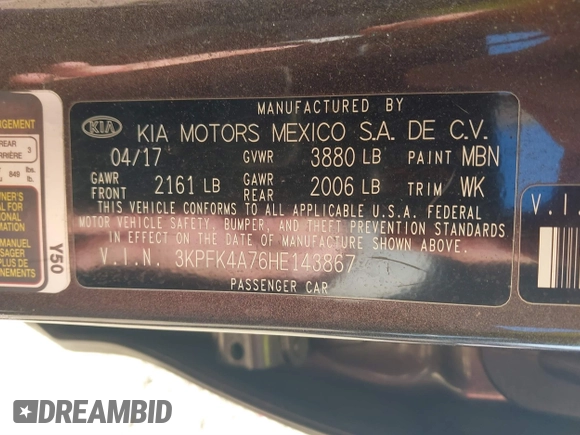 2017 Kia Forte LX with VIN 3KPFK4A76HE143867, listed as a IAAI auction lot 41623307 with 64,097 mi miles. Bid and sale history available at carsss.com. Image 9.