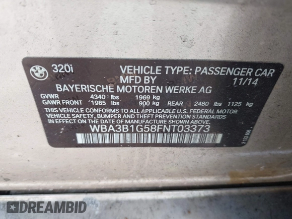 2015 BMW 3 Series 320i with VIN WBA3B1G58FNT03373, listed as a IAAI auction lot 41843859 with 98,439 mi miles. Bid and sale history available at carsss.com. Image 9.