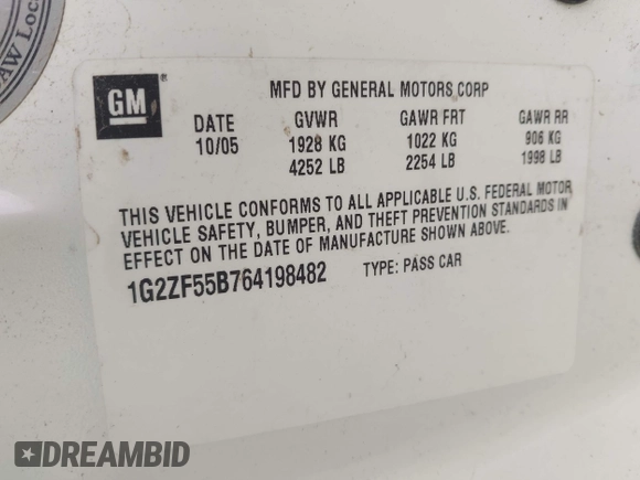 2006 Pontiac G6 with VIN 1G2ZF55B764198482, listed as a IAAI auction lot 42572303 with 233,226 mi miles and . Bid and sale history available at DreamBid. Image 9.