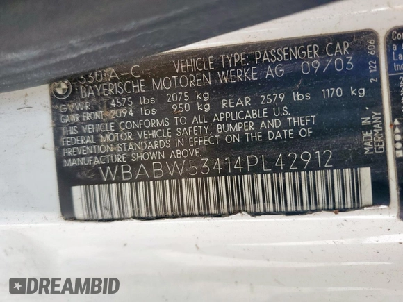2004 BMW 3 Series 330Ci with VIN WBABW53414PL42912, listed as a Copart auction lot 62610955 with Not provided miles and Clean title. Bid and sale history available at DreamBid. Image 12.