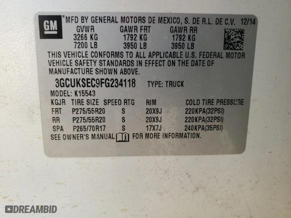 2015 Chevrolet Silverado 1500 LTZ with VIN 3GCUKSEC9FG234118, listed as a Copart auction lot 42432675 with 153,733 mi miles and Salvage Title. Bid and sale history available at carsss.com. Image 14.