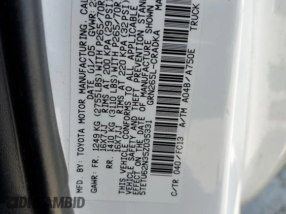 2005 Toyota Tacoma PreRunner z VIN 5TETU62N35Z035331, wystawiony jako Copart lot #55349105 z przebiegiem 615 793 mil mil oraz Szkoda całkowita • Salvage title. Historia ofert i sprzedaży dostępna na DreamBid. Obrazek 12.