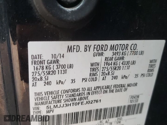 2015 Lincoln Navigator z VIN 5LMJJ3HT0FEJ02761, wystawiony jako Copart lot #68108404 z przebiegiem 208 819 mil mil oraz Szkoda całkowita • Salvage title. Historia ofert i sprzedaży dostępna na DreamBid. Obrazek 14.