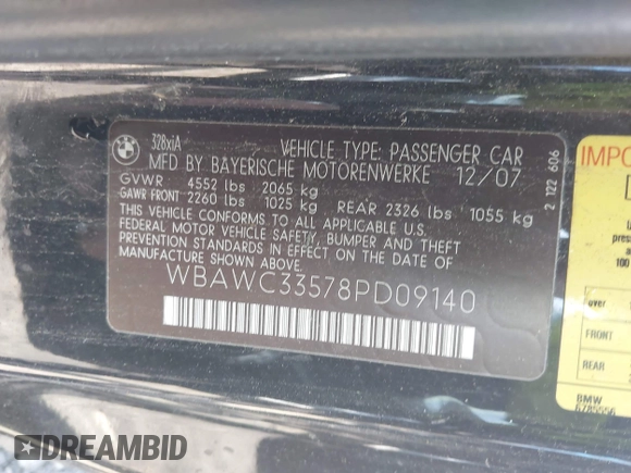 2008 BMW 3 Series 328xi z VIN WBAWC33578PD09140, wystawiony jako IAAI lot #42098531 z przebiegiem Nie podano mil oraz . Historia ofert i sprzedaży dostępna na DreamBid. Obrazek 9.