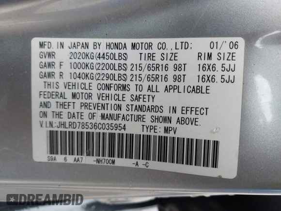 2006 Honda CR-V LX with VIN JHLRD78536C035954, listed as a IAAI auction lot 42043220 with 250,337 mi miles and . Bid and sale history available at carsss.com. Image 9.