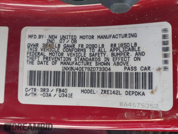 2009 Toyota Corolla with VIN 1NXBU40E79Z073304, listed as a IAAI auction lot 42227884 with Not provided miles and . Bid and sale history available at DreamBid. Image 9.