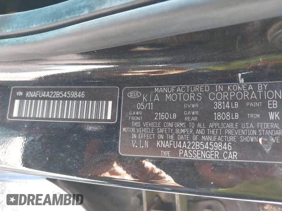 2011 Kia Forte EX with VIN KNAFU4A22B5459846, listed as a IAAI auction lot 39011262 with 201,154 mi miles. Bid and sale history available at carsss.com. Image 9.