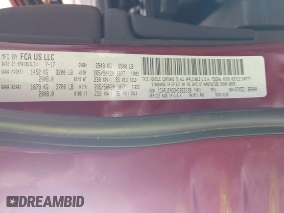 2017 Jeep Grand Cherokee Laredo with VIN 1C4RJEAG3HC823139, listed as a IAAI auction lot 41886032 with 97,224 mi miles and . Bid and sale history available at DreamBid. Image 9.