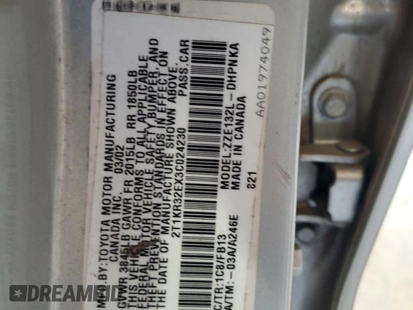 2003 Toyota Matrix Std with VIN 2T1KR32EX3C024230, listed as a Copart auction lot 79403624 with 182,110 mi miles and Salvage Title. Bid and sale history available at DreamBid. Image 13.
