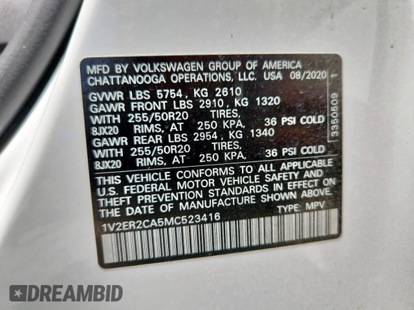 2021 Volkswagen Atlas SEL with VIN 1V2ER2CA5MC523416, listed as a Copart auction lot 59365685 with 80,297 mi miles and Salvage title. Bid and sale history available at DreamBid. Image 14.