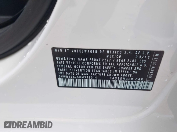 2016 Volkswagen Jetta Sport with VIN 3VWD17AJ5GM342014, listed as a IAAI auction lot 42340647 with 104,766 mi miles and . Bid and sale history available at DreamBid. Image 9.