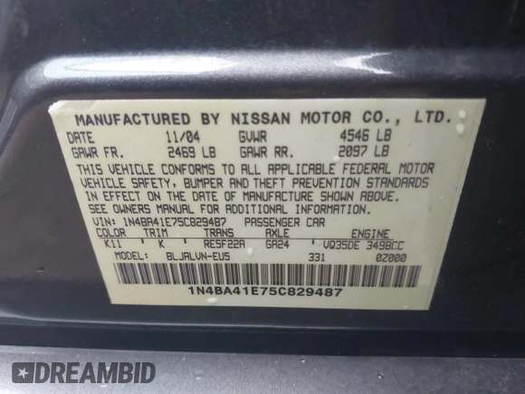 2005 Nissan Maxima 3.5 SL with VIN 1N4BA41E75C829487, listed as a IAAI auction lot 41389822 with 168,996 mi miles. Bid and sale history available at carsss.com. Image 9.