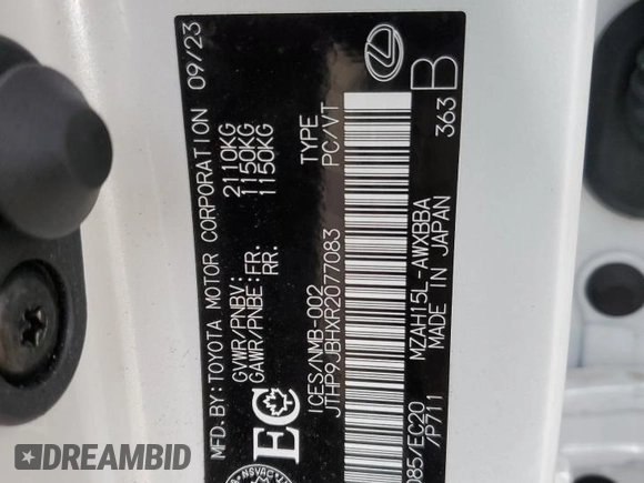 2024 Lexus UX 250h Premium with VIN JTHP9JBHXR2077083, listed as a Copart auction lot 76112004 with 22,385 mi miles and Salvage title. Bid and sale history available at DreamBid. Image 14.