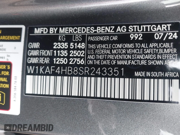 2025 Mercedes-Benz C 300 with VIN W1KAF4HB8SR243351, listed as a IAAI auction lot 41689281 with 991 mi miles and . Bid and sale history available at DreamBid. Image 9.