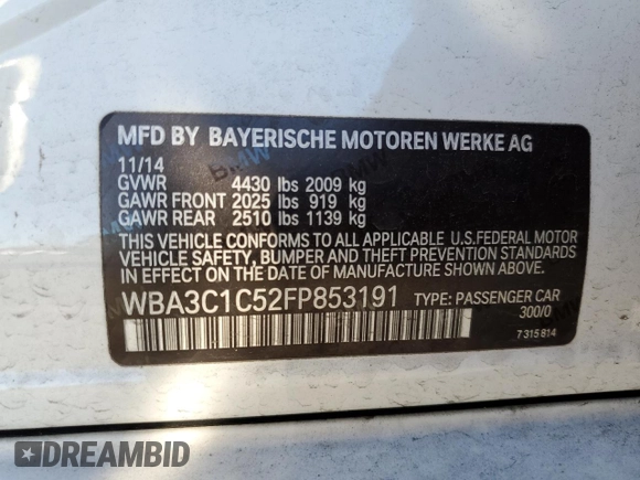 2015 BMW 3 Series 328i with VIN WBA3C1C52FP853191, listed as a Copart auction lot 49509475 with 90,420 mi miles and Salvage title. Bid and sale history available at DreamBid. Image 14.